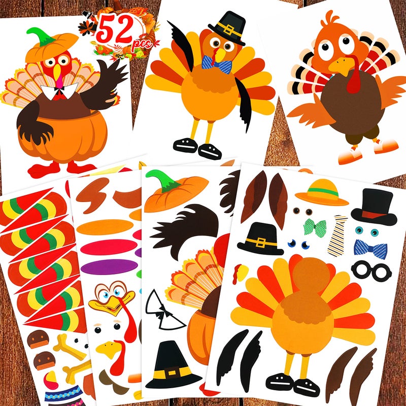Moon Boat 52pcs Thanksgiving Crafts for Kids, Make-A-Turkey Stickers Party Games/Favors/Supplies(Style1) - Image 1